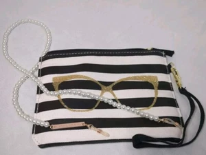 Betsey Johnson Bag Gold Cat Eye Logo Clutch Wristlet W Faux Pearl Glasses Holder - Picture 1 of 8