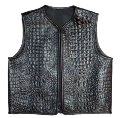 Men's Black  Alligator Crocodile Embossed Leather Jacket Motorcycle Fashion Vest - Image 1 of 4