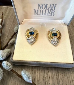 Vintage Nolan Miller Blue Venus Clip Earrings Goldtone & Crystal - Picture 1 of 8