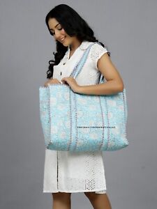 Quilted Grocery Bag Indian Cotton Large Shopping Bag Blue Shoulder Tote Bag