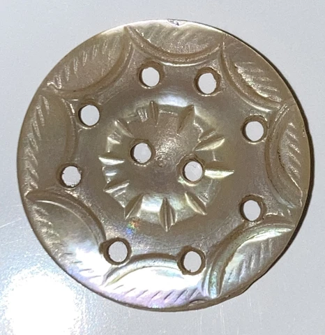 Antique White Pearl Button Carved 2 Hole Raised Center Pierced Hole Edge 5/8" Cover