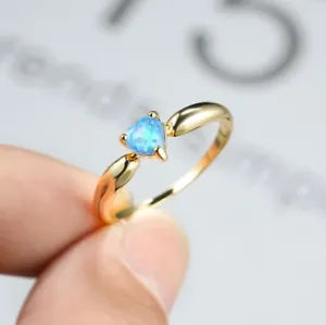 Love Heart Blue Fire Opal Gemstone Yellow Gold Plated Rings Xmas Holiday Gifts - Picture 1 of 5