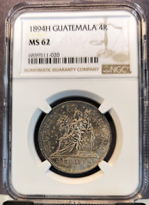 1894 GUATEMALA SILVER 4 REALES SEATED LIBERTY NGC MS 62 GREAT LOOKING COIN