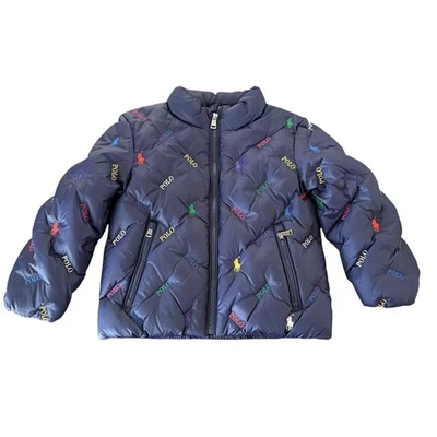 Kids Polo Ralph Lauren 3T Boys Navy Puffer Jacket All Over Pony Logo Multi Color - Image 1 of 4