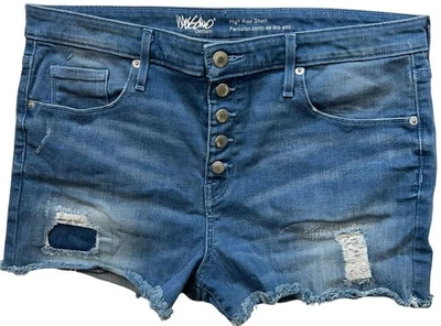 Mossimo женщин кнопка мухи Jean шорты необработанный кромки джинсовой ткани Sz 16 синий эластичной высоты - Изображение 1 из 4