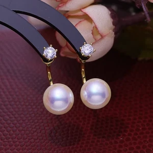 Charming Natural AAAA 9-10mm South Sea white round Pearl Earrings s925 - Picture 1 of 4