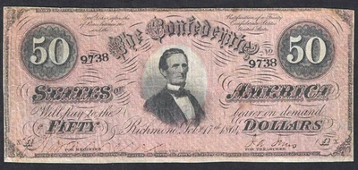 1864 $50 CONFEDERATE CIVIL WAR CURRENCY ~ JEFFERSON DAVIS PORTRAIT ~ SHARP NOTE - Image 1 of 2