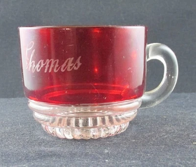 RUBY STAINED CLEAR GLASS EAPG GREENSBURG BEADED LOBES SOUVENIR HANDLED CUP MUG - Image 1 of 4