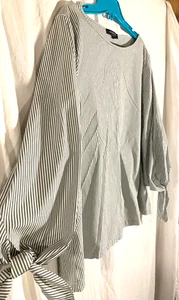 lafayette 148 new york Striped Cutout Sleeve Poplin Top Medium White Green - Picture 1 of 7