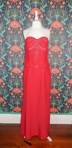 Vintage 90's Y2K Red Beaded Sequin Bodice Strapless Goth Grunge Prom Dress - Picture 1 of 8