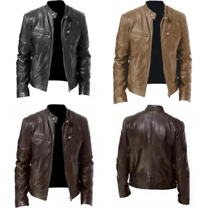 Mens Leather Biker Jacket Motorcycle Coat Cardigan Slim Vintage Zipper Overcoat - Picture 1 of 13