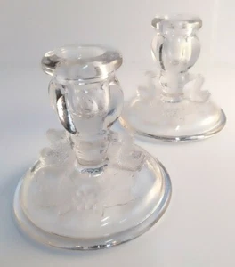 Pair Etched Clear Glass Flower & Leaf Design Tapered Candle Stick Holders - Picture 1 of 9