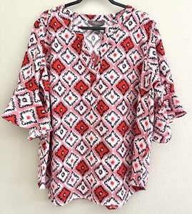 Olivia & Martin Woven Peasant Top Blouse Shirt Boho Geo Pink Red Plus Size 1X - Picture 1 of 4
