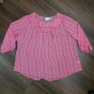 St Johns Bay Womens 2X Pink and White Sheer Peasant Top Blouse - Picture 1 of 5