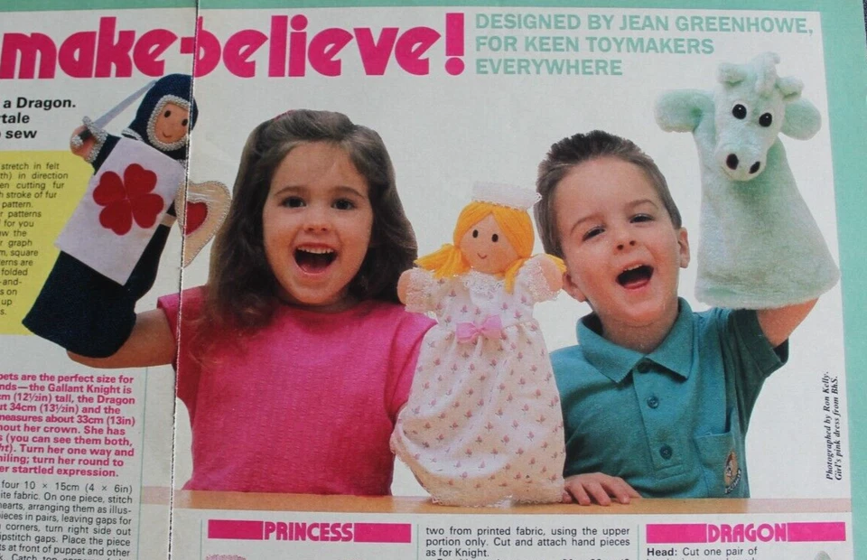 Jean Greenhowe Fairytale Hand Puppets Sewing Pattern Knight Princess Dragon - Image 1 of 4