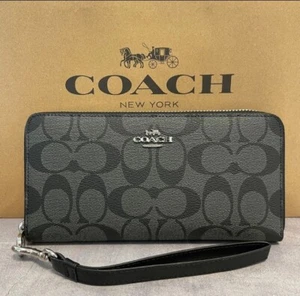 COACH Black Signature Logo Long Wallet Round Zip with Black Strap Rare New - Picture 1 of 9