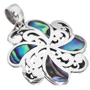 925 Silver Flower Blue Green Paua Abalone Shell Sterling Pendant, 1 1/8" - Picture 1 of 4