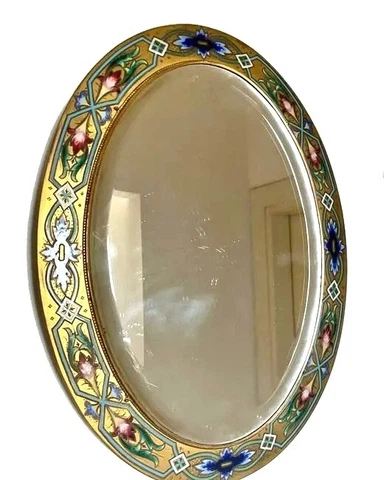 Antique Beautiful French Mirror in bronze champleve enamel frame Cover