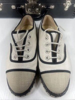 Chanel 40 Flat Lace Up Espadrille Ivory Fabric Pearl Beige Cap Toe Oxford Black - Image 1 of 4