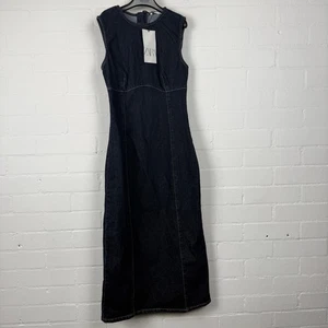 Zara Denim Dress Women XS Sleeveless Midi Dark Blue Casual Cotton - Picture 1 of 9