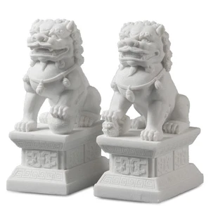 Feng Shui Wealth Prosperity Pair of Peking Fu Foo Dogs Statues White Stone Ja... - Picture 1 of 9