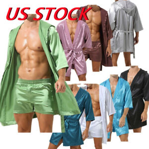 US Men' Satin Kimono Robe Silk Classic Short Bathrobe / Open Front Hooded Robes