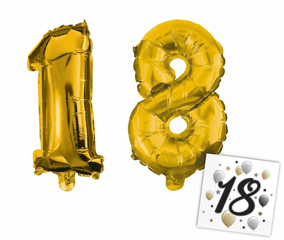 Procos - Folienballons Zahlen 1 & 8 für 18. Geburtstag (33cm, gold) + Servietten - Bild 1 von 1