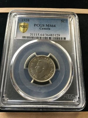 1938  PCGS Graded Canadian,  ¢5 Cent, **MS-64** #3129 - Image 1 of 4