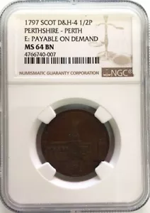 1797 SCOTLAND PERTHSHIRE 1/2 PENNY DUNDEE MERCHANT TOKEN D&H 4 NGC MS 64 BN - Picture 1 of 3