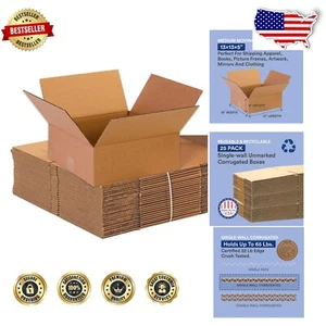 Pack of 25 Heavy-Duty Corrugated Cardboard Boxes - 13x13x5 for Moving & Storage - Picture 1 of 8