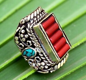 Turquoise Red Coral Nepal Tibetan Silver Ring Healing Jewelry Bohemian Saddle
