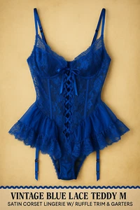 Vintage Blue Lace Teddy L – Satin Corset Lingerie w/ Ruffle Trim & Garters - Picture 1 of 8