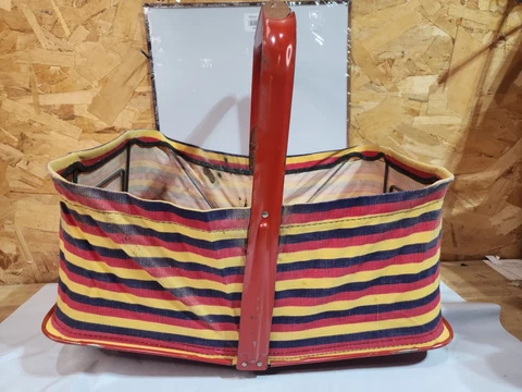 Vintage 1950's Red Yellow FOLD-AWAY Fabric + Metal Frame Shopping Picnic BASKET Cover