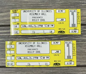 Vintage Aug 26 1990 Billy Idol Unused Tickets Set of 2 Seat 10 and 11 - Picture 1 of 2
