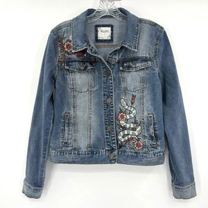 Mudd Distressed Denim Jeansjacke Gr. L bestickt Schlange Blumen Taschen Boho Art - Bild 1 von 8