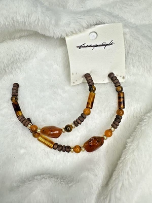 NUEVO Juego de Pendientes de Aro Free People Marrón Tono Dorado Cuentas Bohemias Chic Cuentas Foto 1 de 3