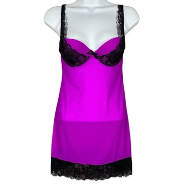 Victorias Secret Padded Push Up Lingerie Mini Slip Dress 34B Purple Black Lace - Image 1 of 4