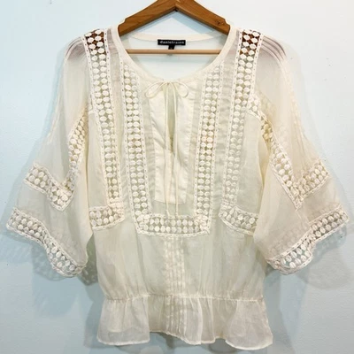 Daniel Rainn Women's XS Boho Crochet Blouse 3/4 Sleeve Sheer Casual - Image 1 of 4