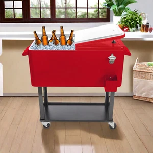 80QT Rolling Cooler Cart - Portable, Red, Bottom Tray, Patio & Camping Ice Chest - Picture 1 of 24