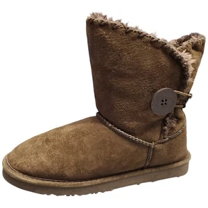 LAMO Winter Ankle Boots Womens Size 8 Brown Suede Whipstitch Faux Fur Pull On - Picture 1 of 12