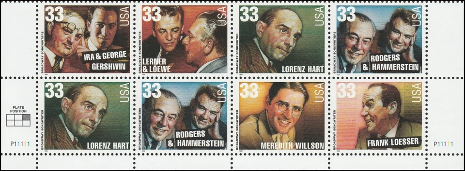 US 3345-3350 3350a Broadway Songwriters 33c plate block 8 L P11111 MNH 1999 - Image 1 of 1