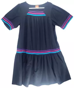 Vintage Solar Wind Dress Women's SZ Large Black Puff Sleeve Tiered Rainbow Trim - Picture 1 of 9