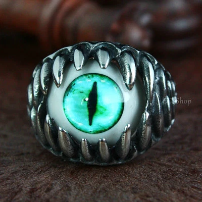 Anillo de acero inoxidable 316L ojo de reptil serpiente gato turquesa dientes de dragón punk para hombre Foto 1 de 4