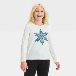 Cat & Jack Girls Long Sleeve Snowflake T-Shirt Cream Large (10/12) NWT - Picture 1 of 1