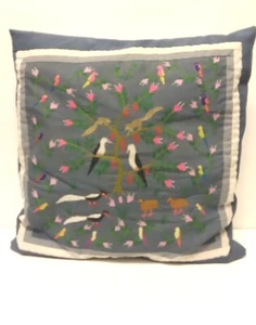 Vintage Blue/ White HAND CROSSSTITCHED Pillow 12"×12" Birds, Animals. - Picture 1 of 13