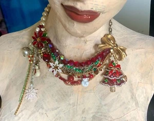 OOAK Assemblage Statement Necklace*Christmas Party Bib*Beads Charms Rhinestones - Picture 1 of 10