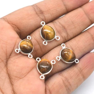 5 Pcs Teardrop Tiger Eye Connector Pendent, Bezel Gemstone Silver Plated JC-5C - Picture 1 of 2