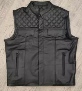 Gilet jacket cut Cuir de Vachette véritable coutures Damier Col Rond Mao biker - Imagen 1 de 10