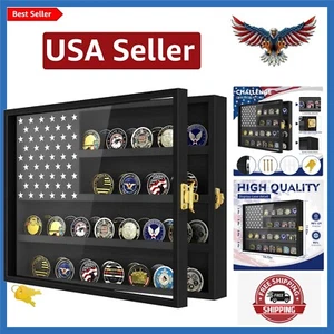 Military Challenge Coin Display Case 16 x 12 in, Wooden American Flag Shadow ... - Picture 1 of 9