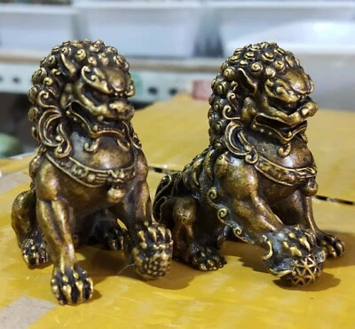 2.8cm Antique Bronze mini Fu Foo Dog lion Statue old Archaic guard lions pair  - Image 1 of 4